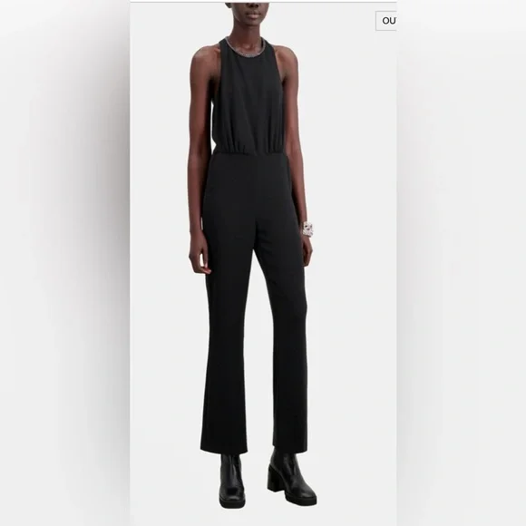 NWT The Kooples BLACK CREPE JUMPSUIT with Silver Chain Neck Detail - Picture 2 of 16